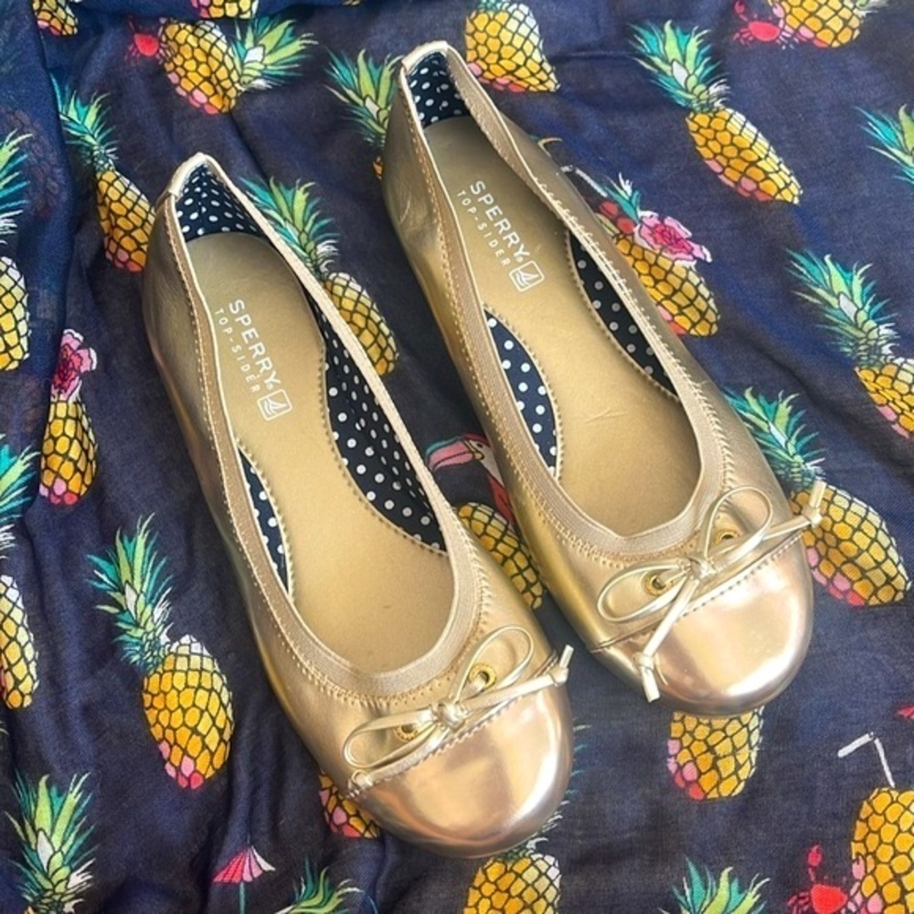 Brand New Sperry Elise Metallic Gold Tone Round Toe Slip On Shoes Ballet Flats